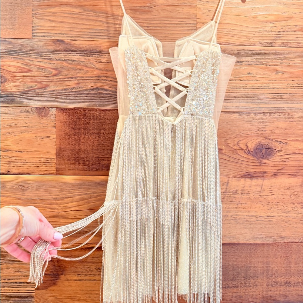 Jovani Gold Sequin Fringe Mini Tassle Dress with V-Neck *UNICORN* - Picture 9 of 17